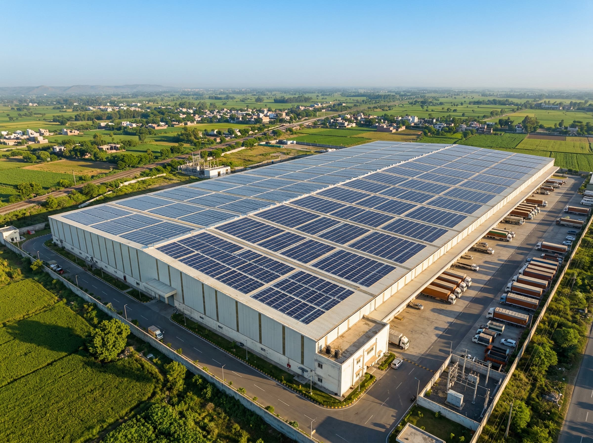 Commercial solar panel array on an industrial rooftop